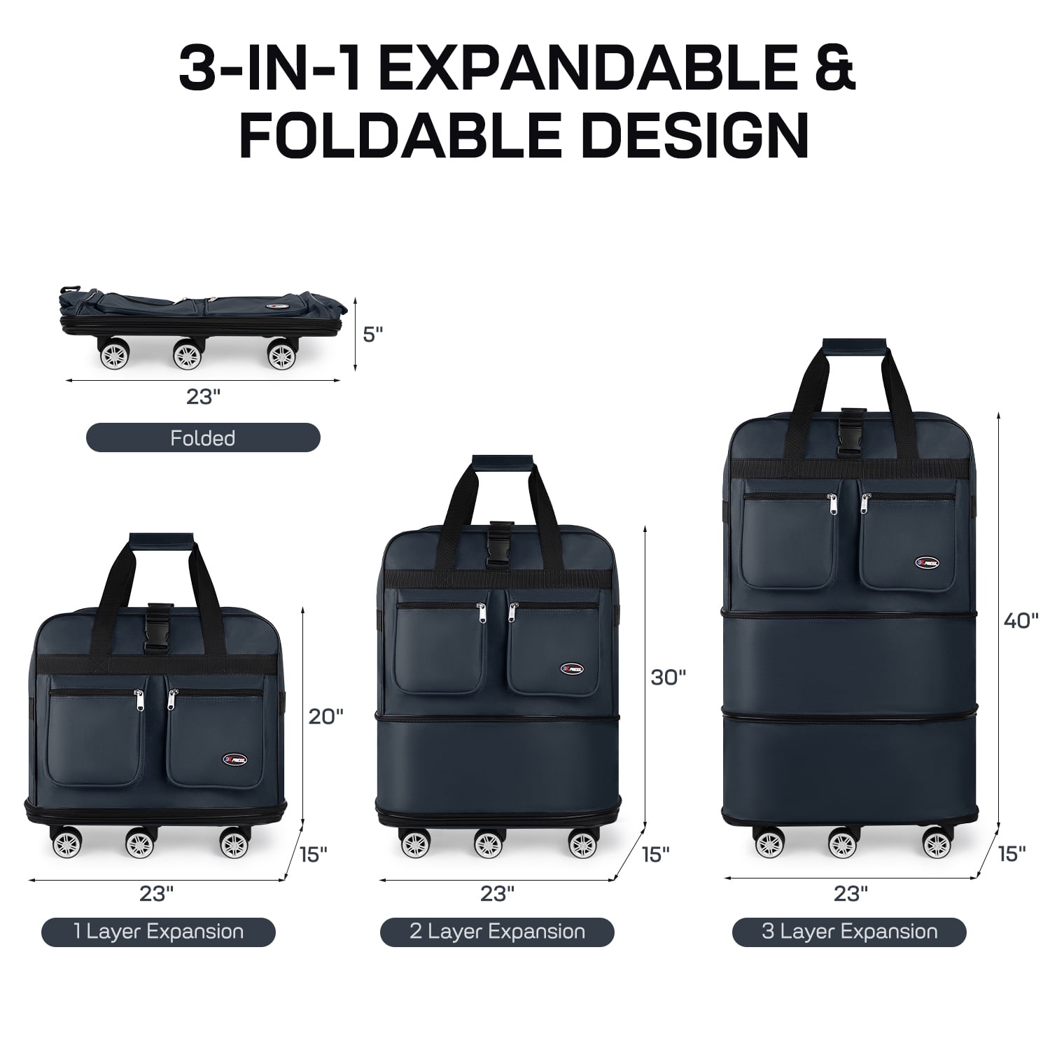 40" Expandable Foldable Luggage Bag,Collapsible Suitcases with Wheels,Rolling Duffle Bag Wheeled Travel Bag for Men Women,MEX-Navy