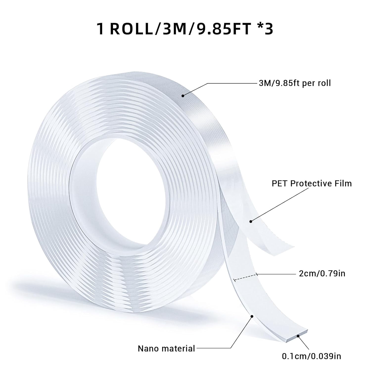 3 Rolls Double Sided Tape, Nano Tape, Transparent Adhesive Tape, Traceless Adhesive Tape, Removable, Washable, Reusable, Suitable for Carpets, Photo Walls, 9.85 Feet Per Roll