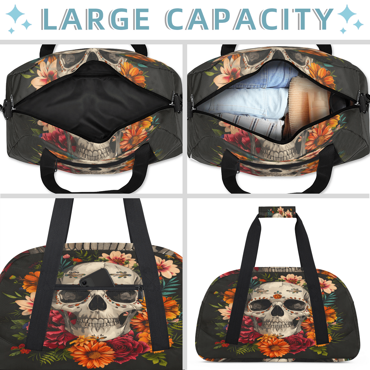 Herdesigns Sports Duffle Bags Travel Duffle Bag Gym Bag Sugar Flower Skull Floral Gothic Weekender Travel Bag Waterproof Overnight Bag Carry On Travel Tote Bag Dance Bags