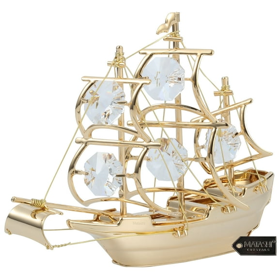 Matashi 24K Gold Plated Highly Polished Mayflower Ship Ornament Crystal Studded Figurine Tabletop Showpiece for Living Room Gift for Christmas Valentine's Day Mother's Day Anniversary Birthday