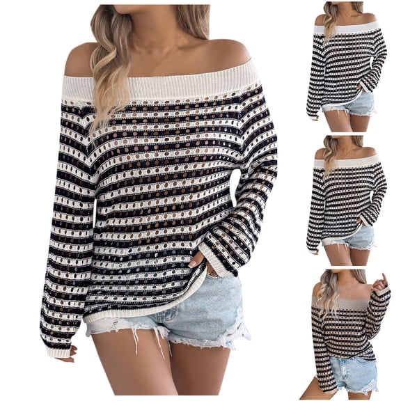 FRSASU Women's Oversized Striped Sweater Casual off the Shoulder Sweater Long Sleeve Loose Knit Pullover Jumper Tops White