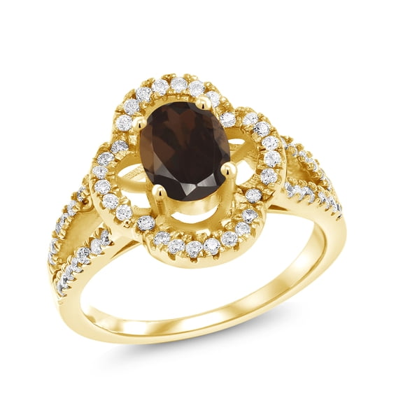 Gem Stone King 1.57 Ct Oval Brown Smoky Quartz 18K Yellow Gold Plated Silver Spotlight Ring (Size 8)