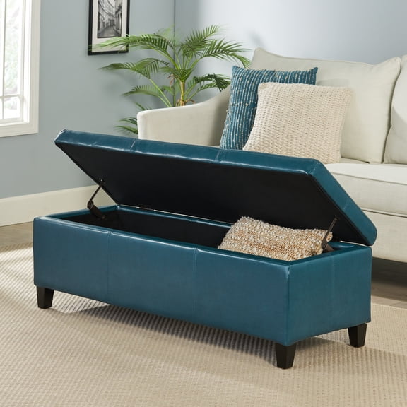 FFZ 51"L PU Leather Storage Ottoman with Solid Wooden Legs and Pressure Hinges, Teal