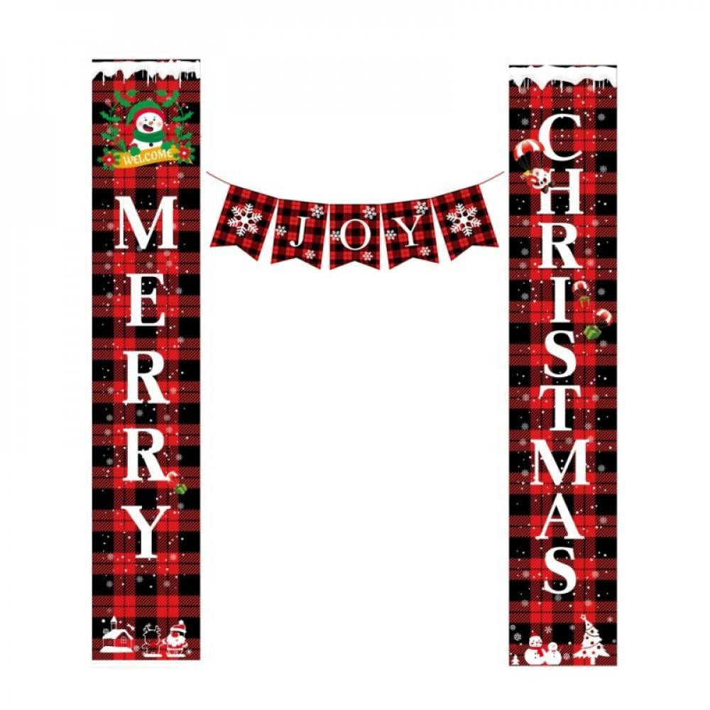 [Big Clear!]Christmas Porch Signs for Outdoor Indoor - Merry Christmas Happy New Year Red Black Buffalo Plaid Banner - Christmas Joy Banners for Fireplace Wall, Xmas Hanging Decorations