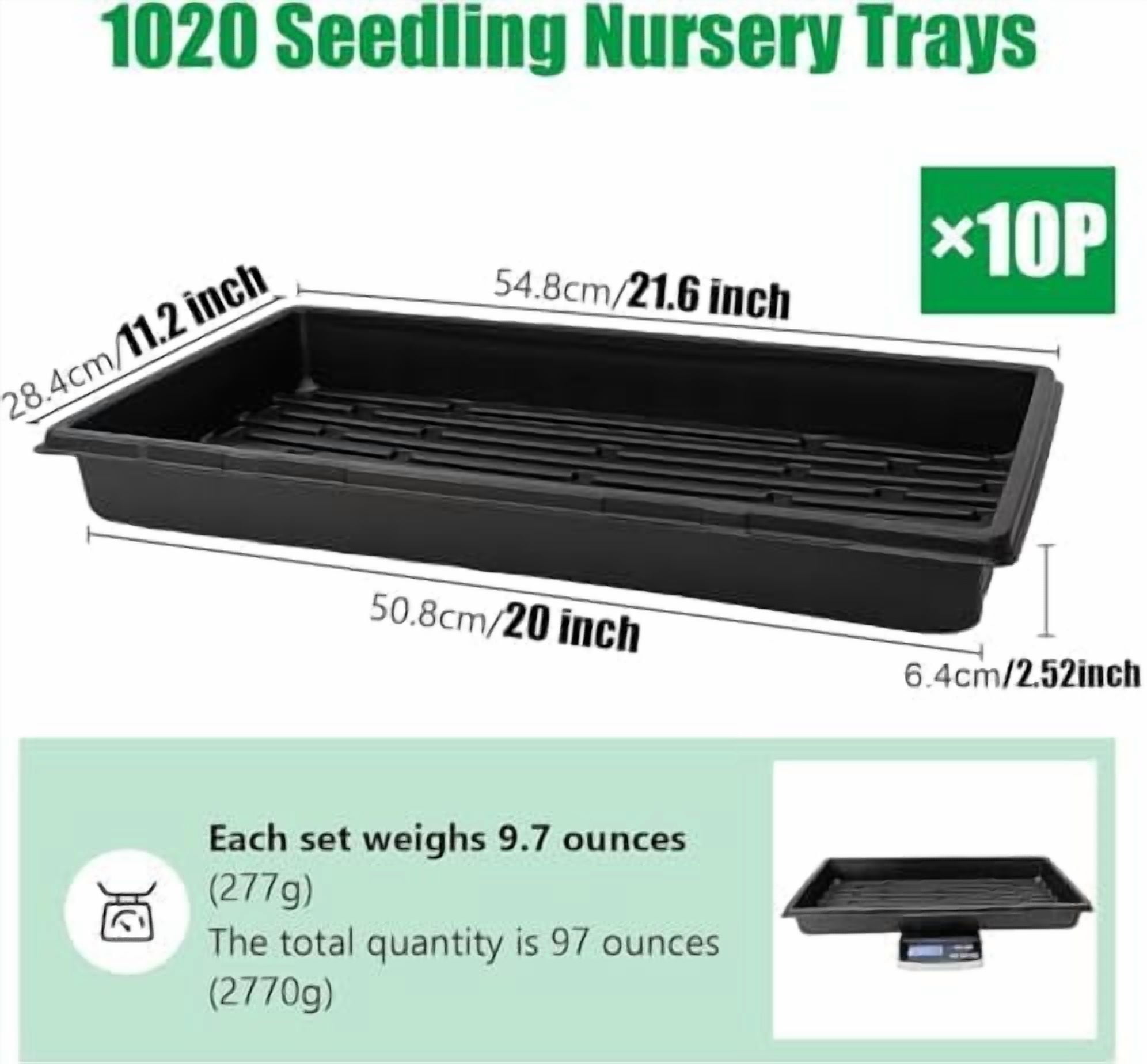 RibRave 10 Pack 1020 Trays, Extra Thick Heavy Duty Seed Starting Trays - No Holes, No Leak, Reusable Propagation Flats for Microgreens, Seedlings, Plant Germination, Fodder and Transplant