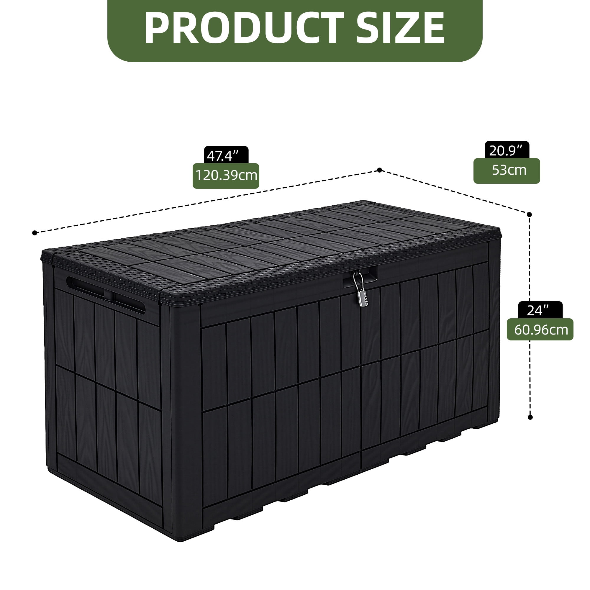 Uforic 110 Gallon Large Outdoor Deck Box, Waterproof Resin Storage Box with Lockable Lid, 2-Person Patio Bench Seat for Outdoor Cushions, Garden Tools, Sports and Pool Accessories, Black