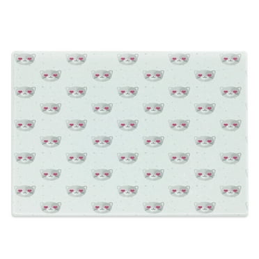 Emoticon Cutting Board, Cat Faces Pink Heart Shaped Eyes Romantic Animal Kitty Mascot in Love, Decorative Tempered Glass Cutting and Serving Board, Large Size, Pale Grey Pink White, by Ambesonne