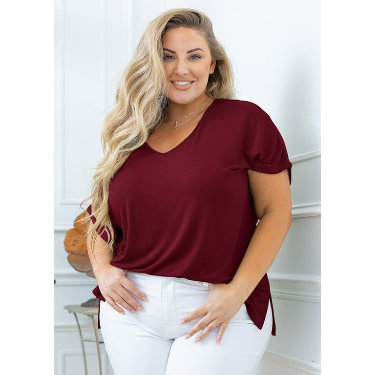 SHOWMALL Women Plus Size Tops Short Sleeve Tunic Side Slit Shirt Summer  V-Neck Blouse Wine Red 1X Tops 