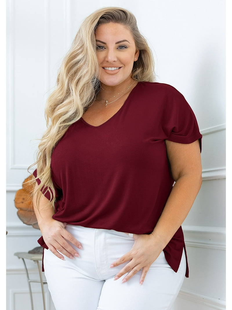 Showmall Plus Size Womens V-Neck Tunic Top, Short Sleeve, Side Slit, Wine Red, Summer Shirt 2X - Walmart.com Showmall Plus Size Womens V-Neck Tunic Top, Short Sleeve, Side Slit, Wine Red, Summer Shirt 2X - Walmart.com