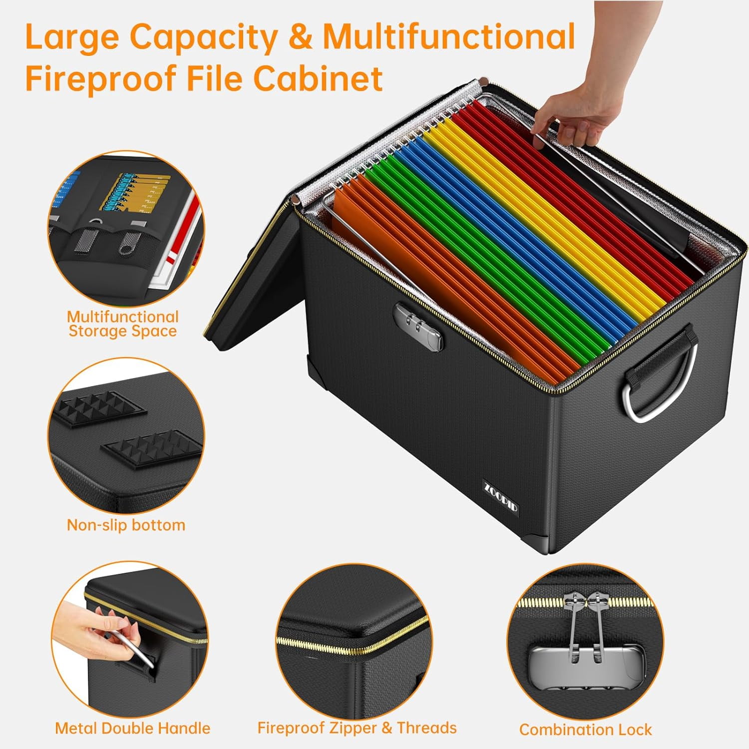 Fireproof Document Box Hard  File Organizer with Lock Portable Office Safe Storage for Valuables Black
