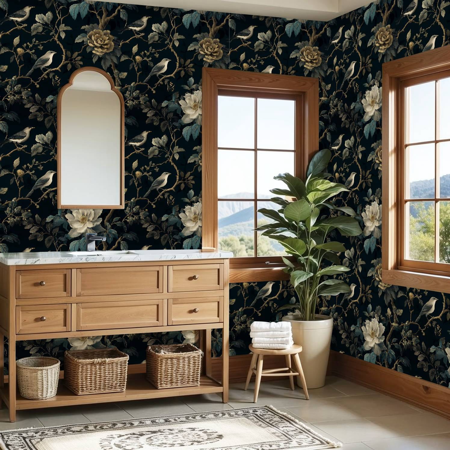 Boho Peel and Stick Wallpaper Elegant Birds Vintage Floral Dark Botanical Wall Mural 23.6in x 9.8ft Self Adhesive Removable Wall Paper Renter Friendly Wallpaper for Nursery Bedroom Cabinets