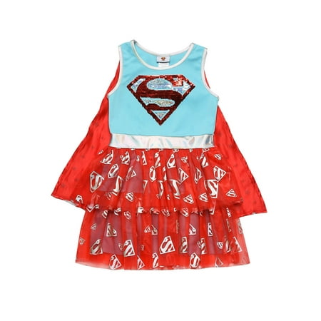 Girls Supergirl Costume Dress Cape Cosplay 2-Way Sequin Tulle Logo Blue Red