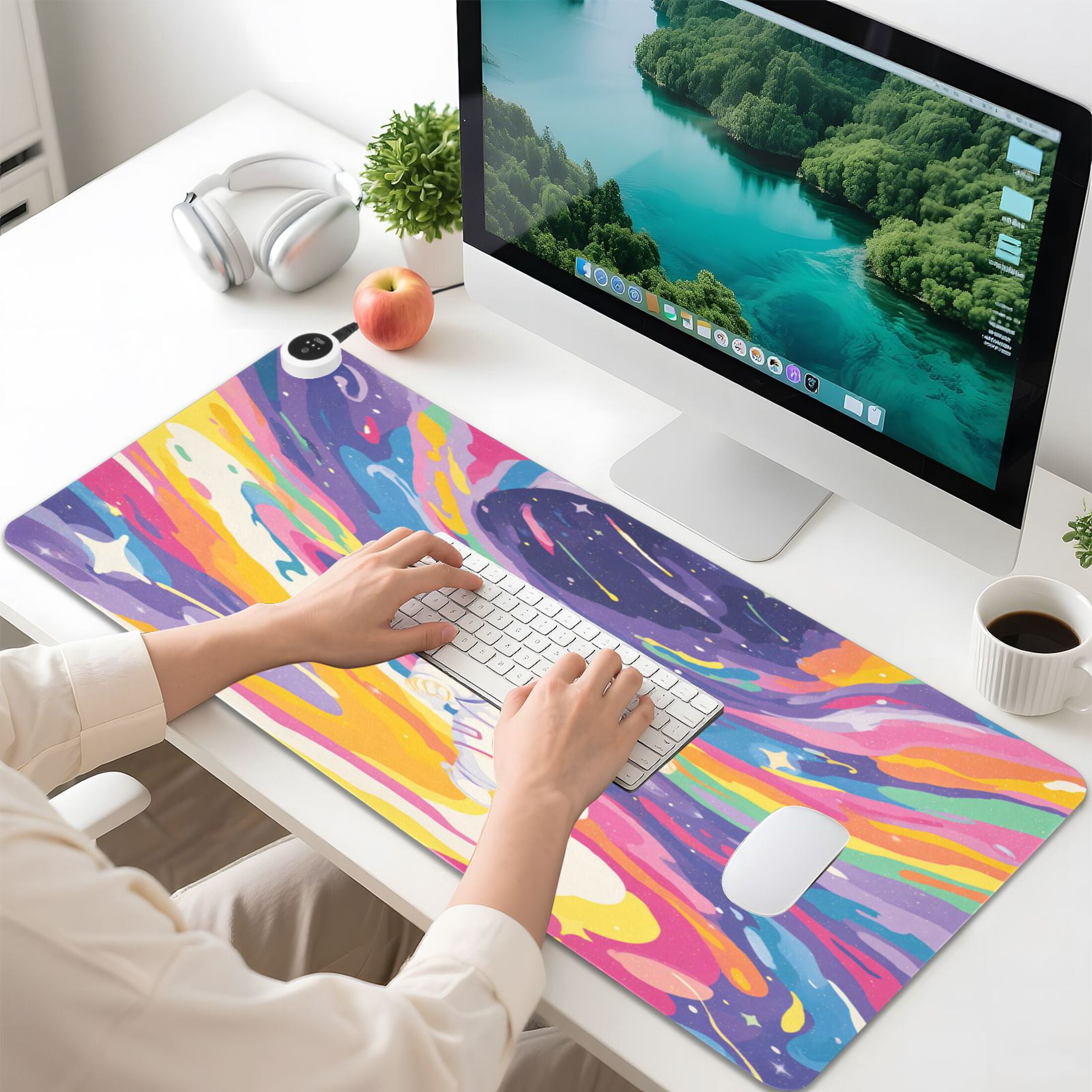Large Heated Desk Mat Mouse Pad 31.5"x13"PU Leather Graphene Heating Desk Warmer with 3 Temperature Settings 110V US Plug Non-Slip Warm Pad for Home, Office, and Gaming Neon Swirl Astronaut Print