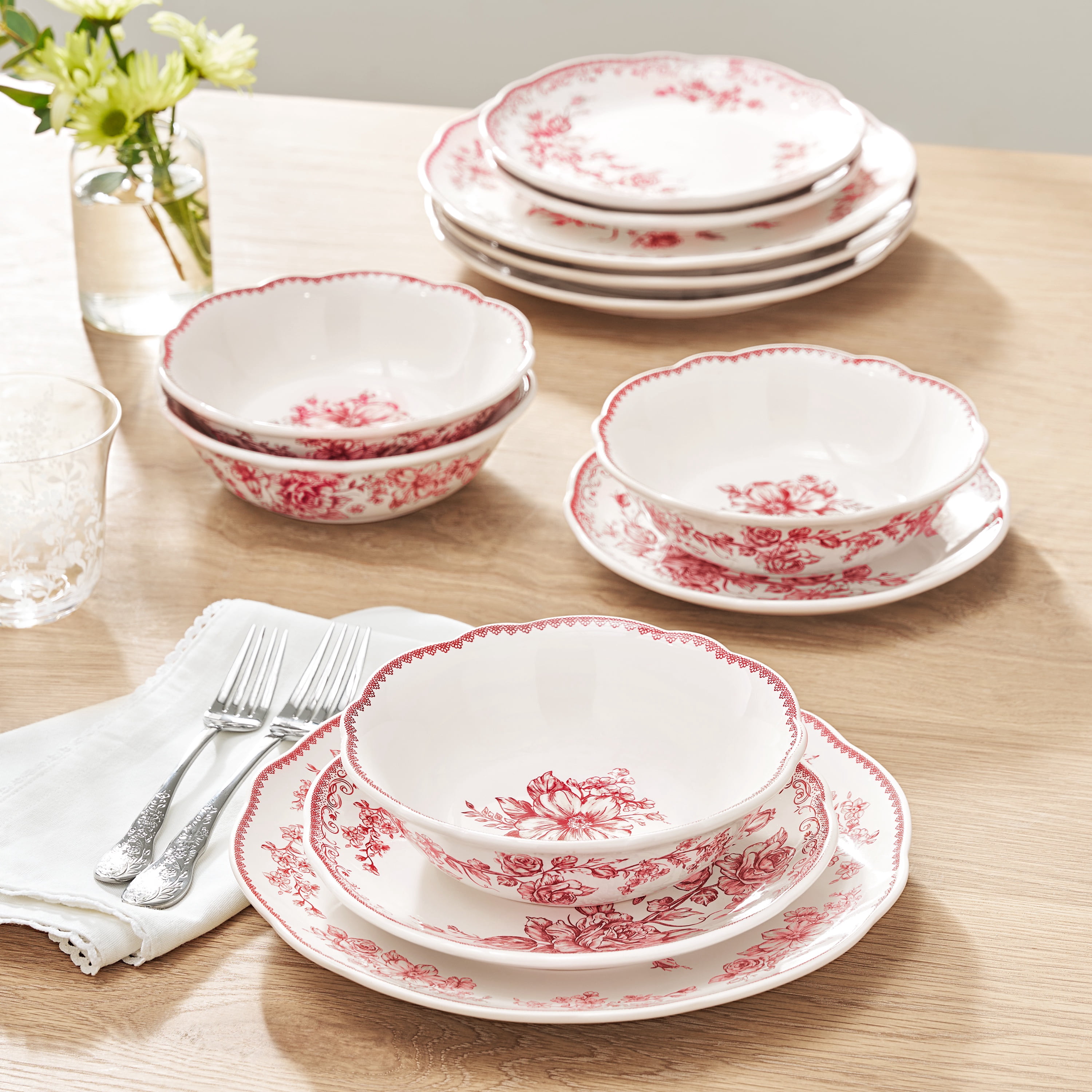 The Pioneer Woman Agatha 12-Piece Stoneware Dinnerware Set, Red