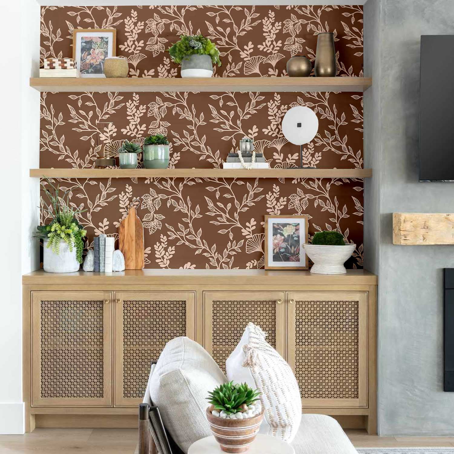 S4Sassy Peel and Stick Wall Covering, Botanical Branch Wallpaper Removable Wallwrap - Brown Instant Wall Mural for Bedroom, Bathroom, Laundry Room, Closet Interior (25"x240" inch)