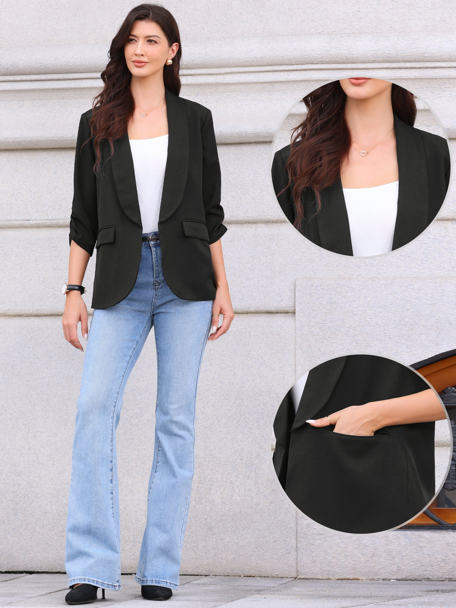 DARING DIVA Women's Ruched 3/4 Sleeve Shawl Collar Dressy Suit Jacket S Black