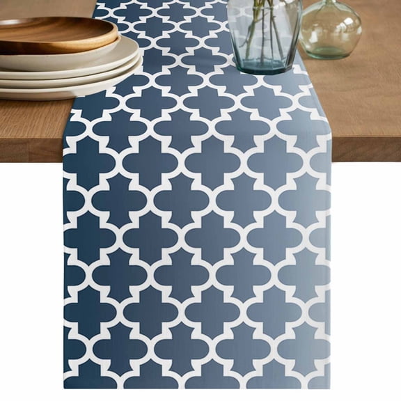 Table Runner Blue Moroccan Design Soft Linen Style Table Runner Cloth Geometric Pattern Dining Table Decor for Kitchen, Dining Room, Parties, Holiday & Everyday Use 13x72 Inch