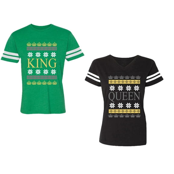 Christmas King Queen Unisex Couple Matching Cotton Jersey style T-Shirt Contrasting stripes on sleeves (Men Green / Women Black) (Men S / Women S)