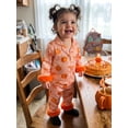 thumbnail image 5 of RUINIXCW Toddler Baby Girl Boy Halloween Silk Satin Pajama Set Little Girls PJS Fall Winter Sleepwear Striped Button Down Long Sleeve Shirt Pants Set, 5 of 10