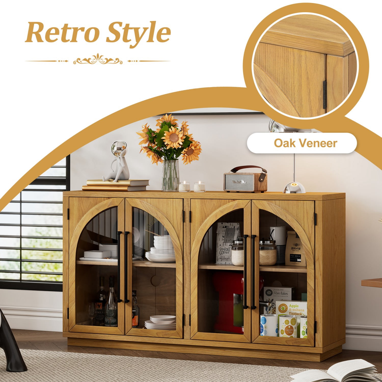 4-Door Arched Glass Sideboard Buffet Cabinet, Retro Storage Credenza with Adjustable Shelves, Cable Holes, Wood Veneer Cabinet for Dining Living Room, Natural