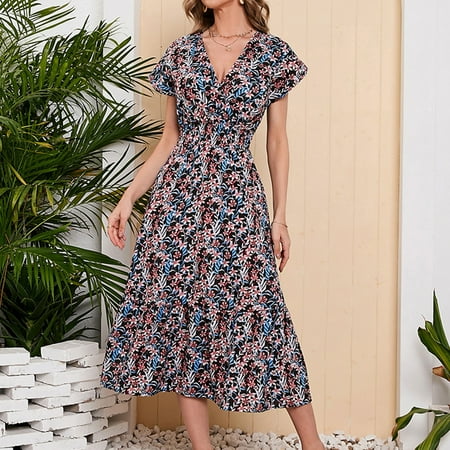 

NECHOLOGY Womens Dresses Womens Dress Shoes Fashion Summer Dresses Women Summer Sleeveless Floral Print Stand Neck Maxi Loose Dress Boho Dresses for Mom