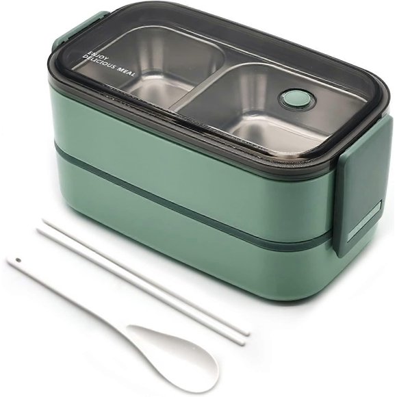 Bento Box Adult Lunch Box Stainless Steel Food Container with 2 Compartments & Cutlery Set for Kids and Adults, Microwave, Dishwasher & Freezer Safe (