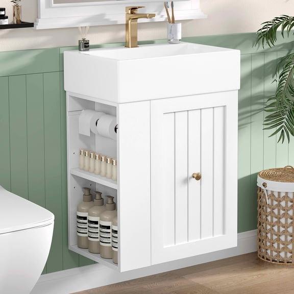 MAYEERTY 20" Bathroom Vanity Ceramic Sink MDF Storage Drawer Side Shelf Golden Handle Small Bathroom