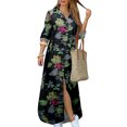 thumbnail image 1 of MAWCLOS Robes Maxi pour Femmes Robe Chemise à Imprimé Floral Kaftan à Revers Manches Longues 8999 Bleu Foncé 5TG, 1 of 4