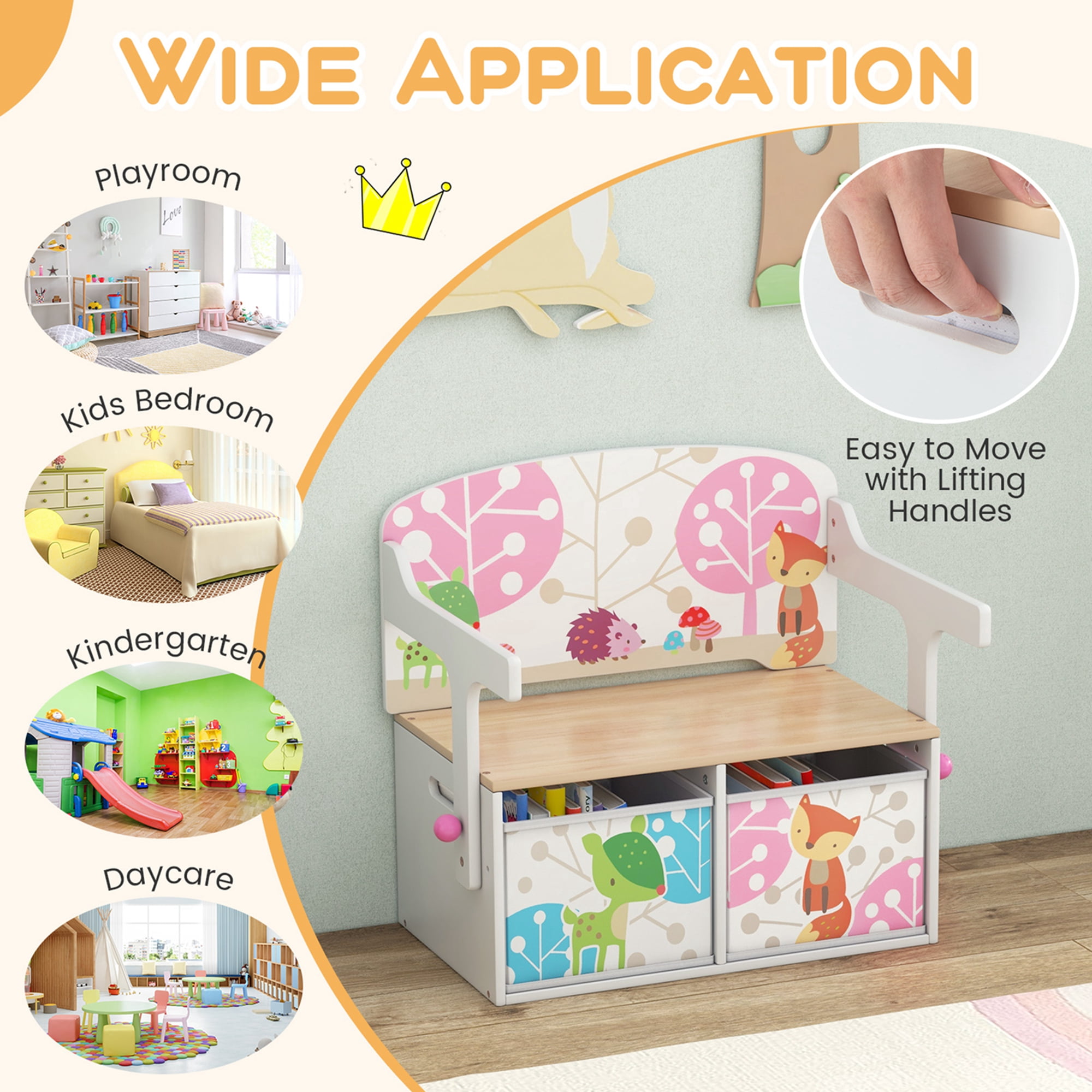 Costway Convertible Activity Bench Children Table & Chair Set, 3 in 1 toddlers storage bench, White