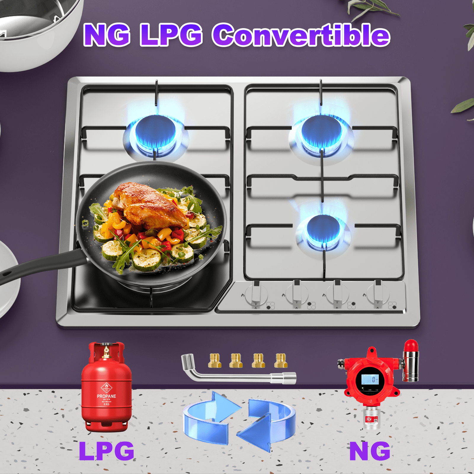 TYEMUI 24in Gas Stove Cooktop, Drop-in 4 Burner NG/LPG Convertible Neutral Gas Propane Cooktop with Thermocouple Protection for Kitchen