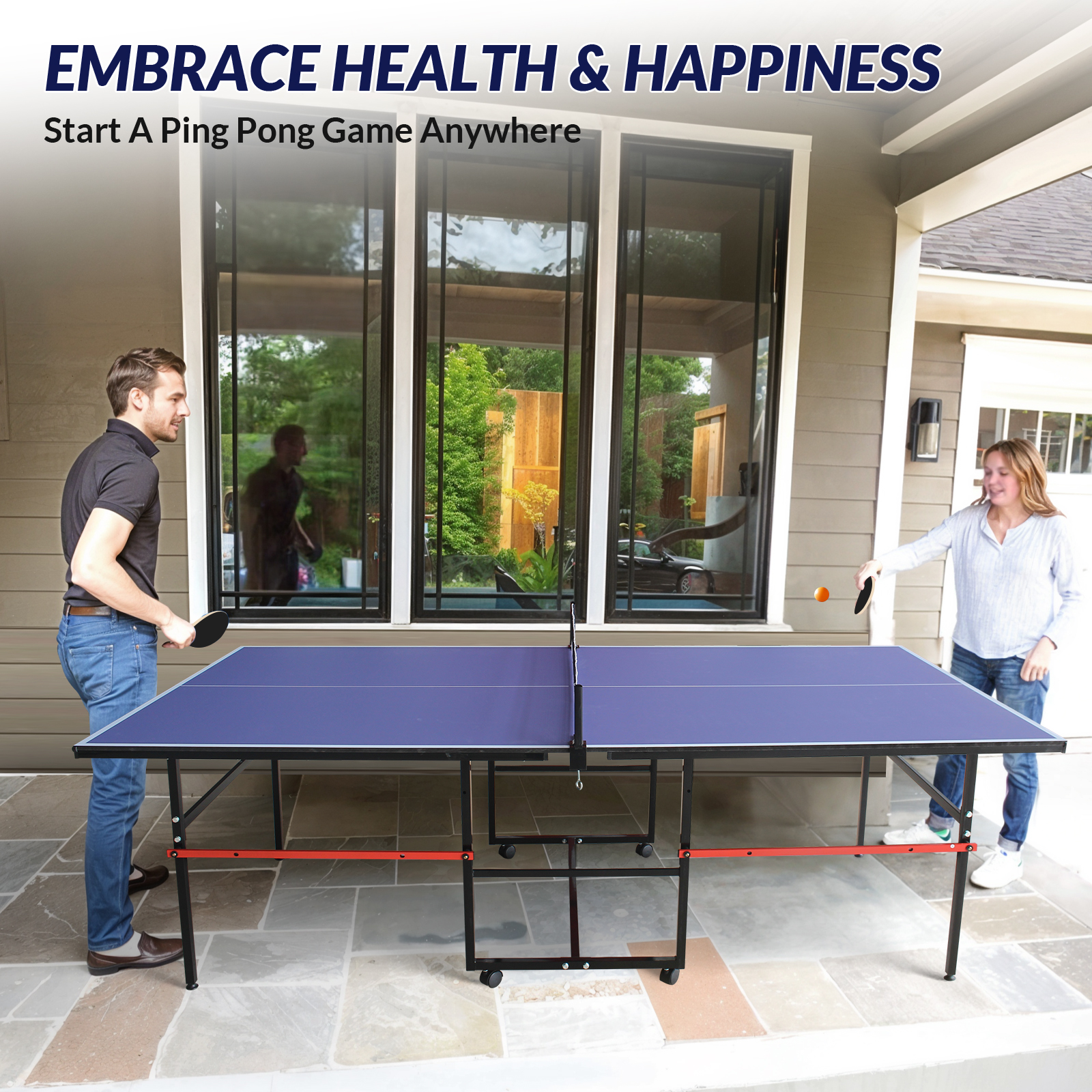 ZIVACATE 8ft Mid-Size Table Tennis Table, Foldable&Portable, Ping Pong Table with Net, 2 Table Tennis Paddles and 3 Balls for Indoor Outdoor Game-(Blue,Black)