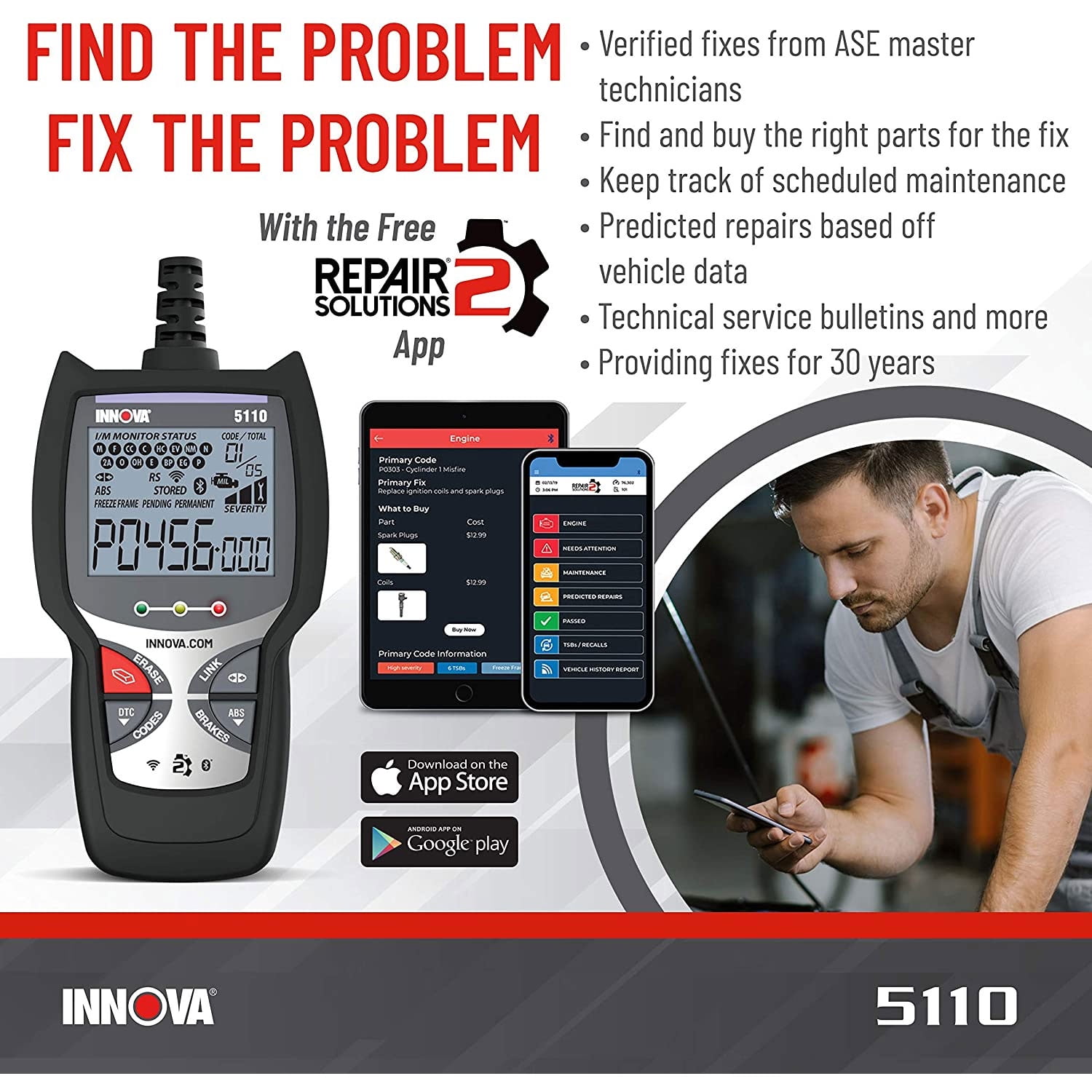  INNOVA 5110 - Newest 2022 OBD2 Scanner with ABS, Free Updates,  Real Customer Service from Trusted USA Company, Smog Check & Check Engine  Light Reset, Get Verified Repairs & Parts on