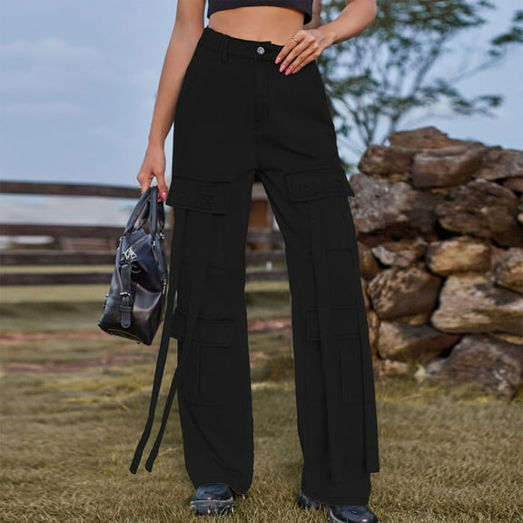 AOOCHASLIY Women Fall Pants Women's Straight Tube Washed Retro Personalized Heavy Industry Ribbon Dsign Denim Work Casual Pants