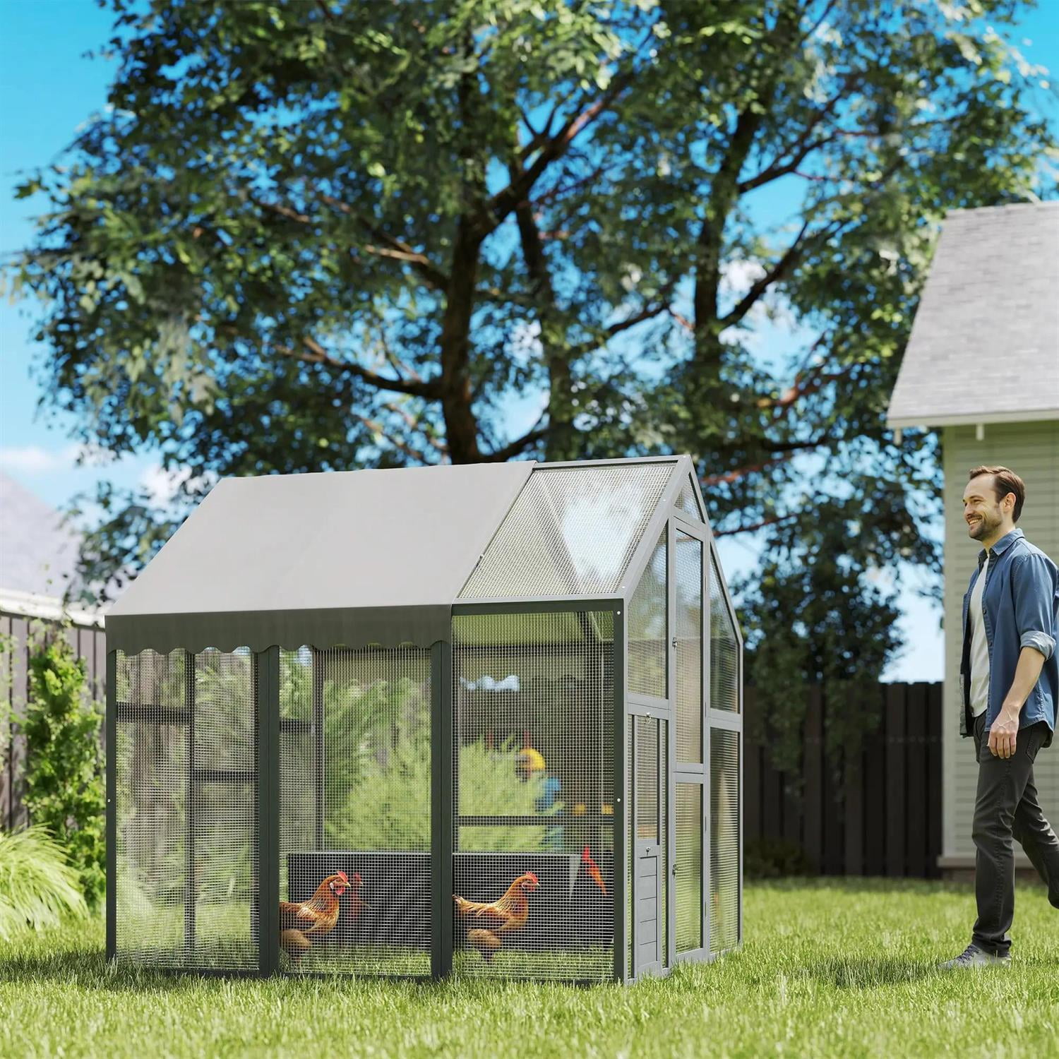 Pefilos 66" Large Chicken Coop Rabbit Hutch, Outdoor Wooden Poultry Cage Hen House with Nesting Box, Waterproof & Anti-UV Cover, for Garden Backyard, Gray