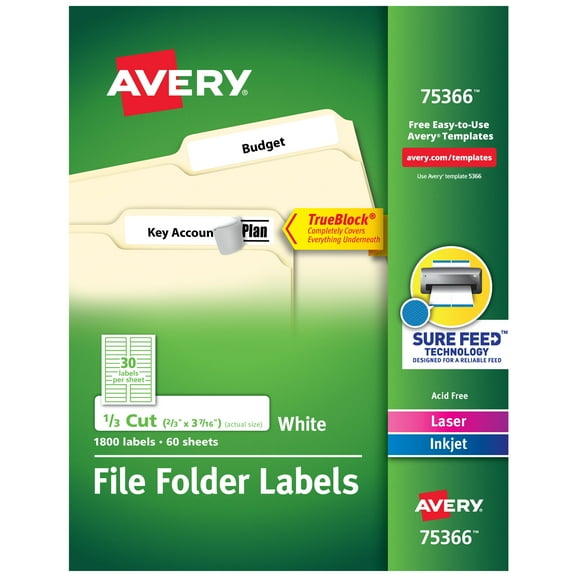 Avery File Folder Labels, 2/3" x 3-7/16", Removable, White (75366)