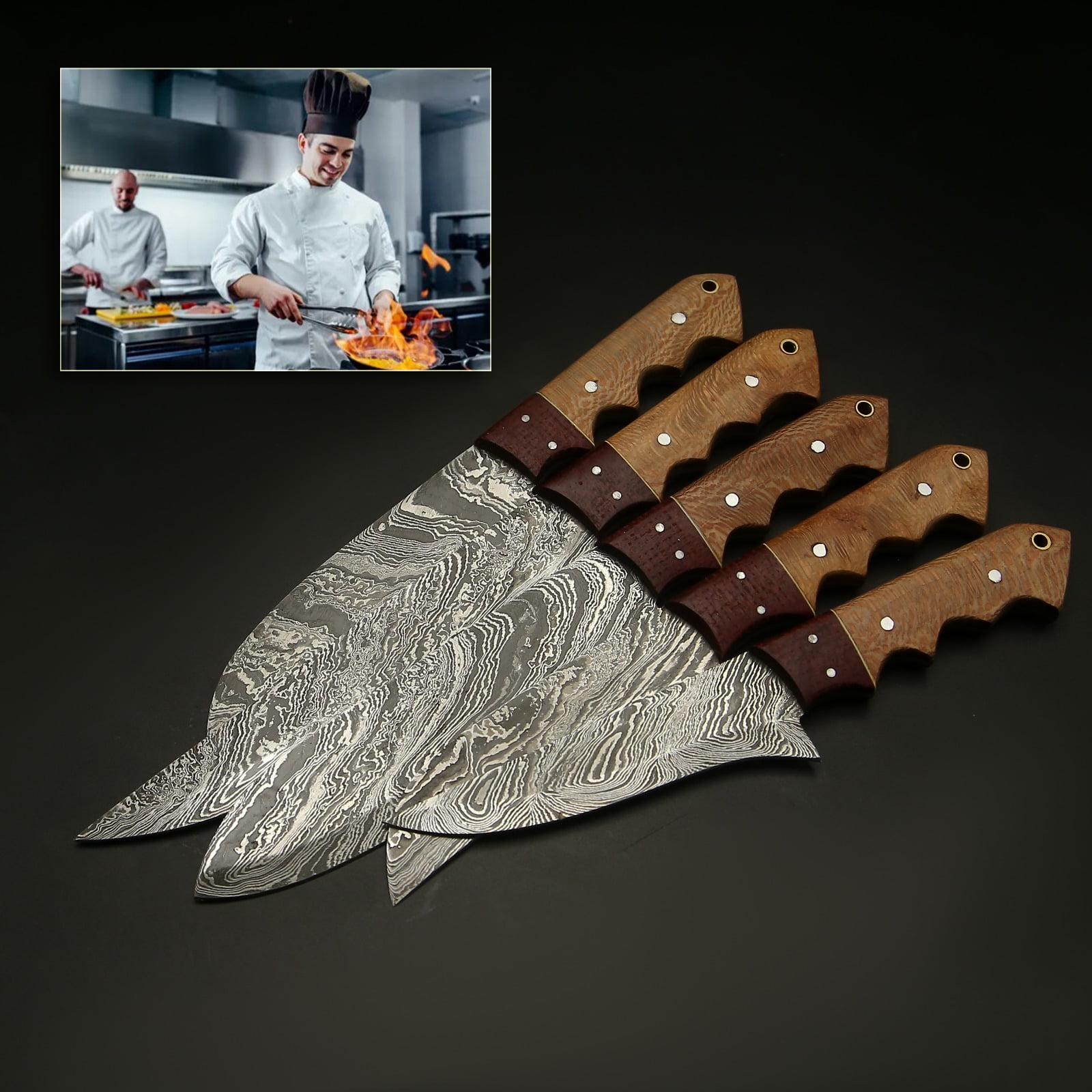 Custom Handmade Damascus Chef Knives Set/Kitchen Knives 5 Pieces Set SS-17510 (Poplar Wood)