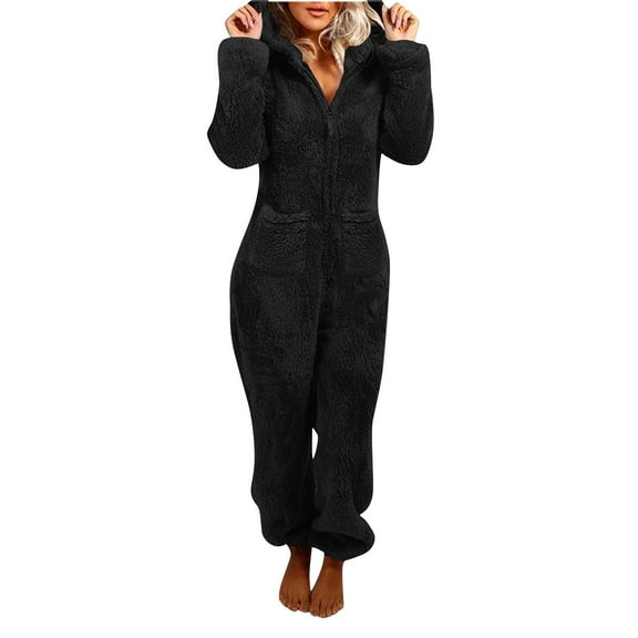 Women's One Piece Sleepwear Pajamas Fuzzy Hoodie Long Sleeve Solid Color Warm Winter Onesie Romper