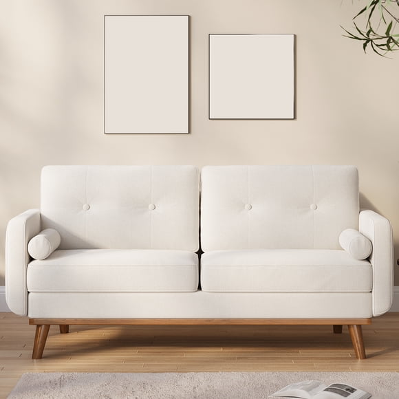 Gaderth 65 Inch Loveseat Sofa, Mid Century Modern Upholstered Linen Couch, Button Tufted 2 Seater Small Sofa with Wood Legs and Throw Pillows for Living Room, Bedroom, Office