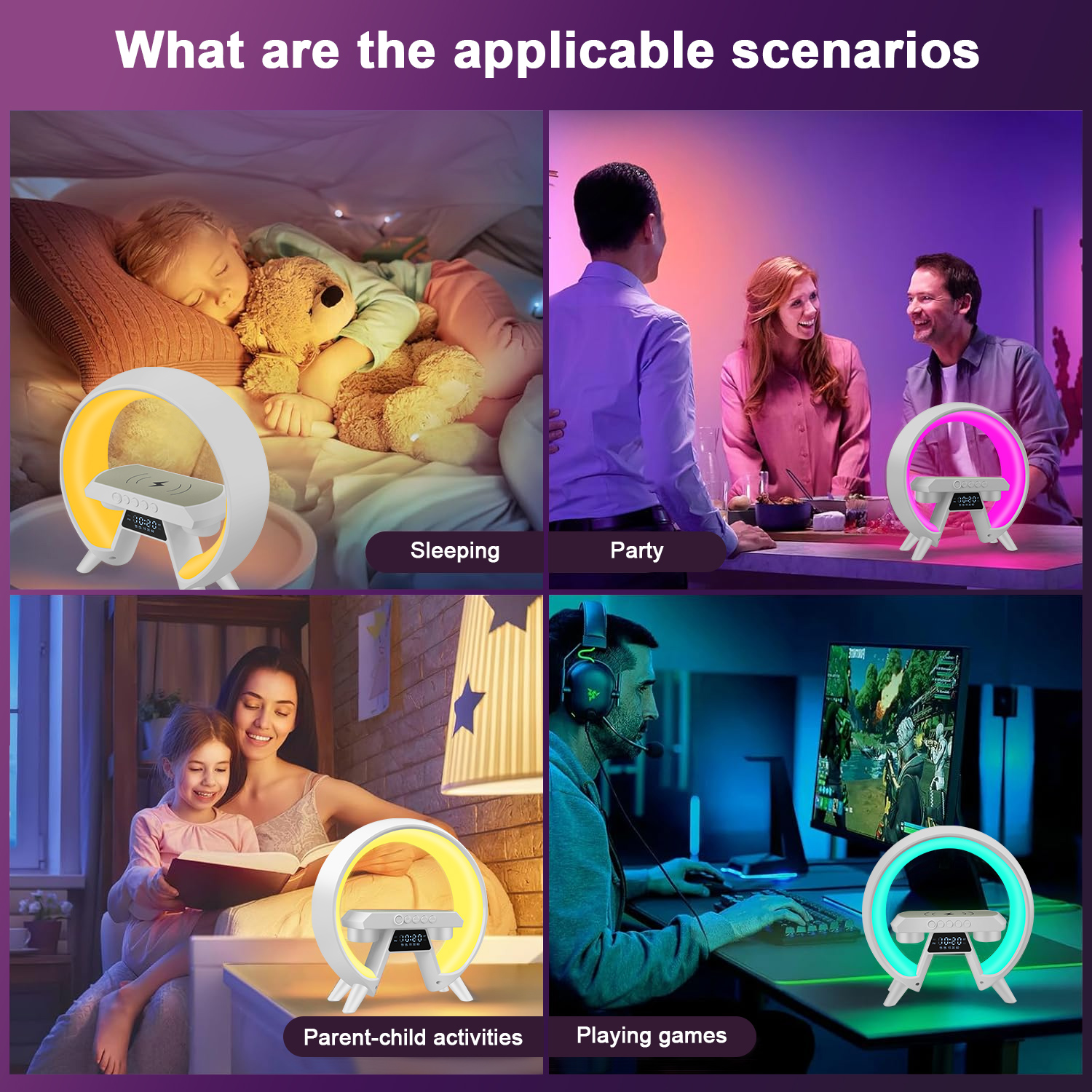 Alarm Clock, 4 in 1 Digital Alarm Clock with Wireless Charger&RGB Dimmable Night Light&Bluetooth Speaker&FM Radio, Electric Clock Digital Clock Small Clocks Desk Clock W/ LED Display for Bedroom