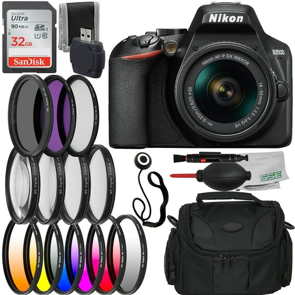 Nikon D3500 DSLR Camera with AF-P DX NIKKOR 18-55mm f/3.5-5.6G VR Lens with Essential Accessory Bundle - Includes: SanDisk Ultra 32GB Memory Card, Water Resistant Gadget Bag, Cap Keeper & Much More