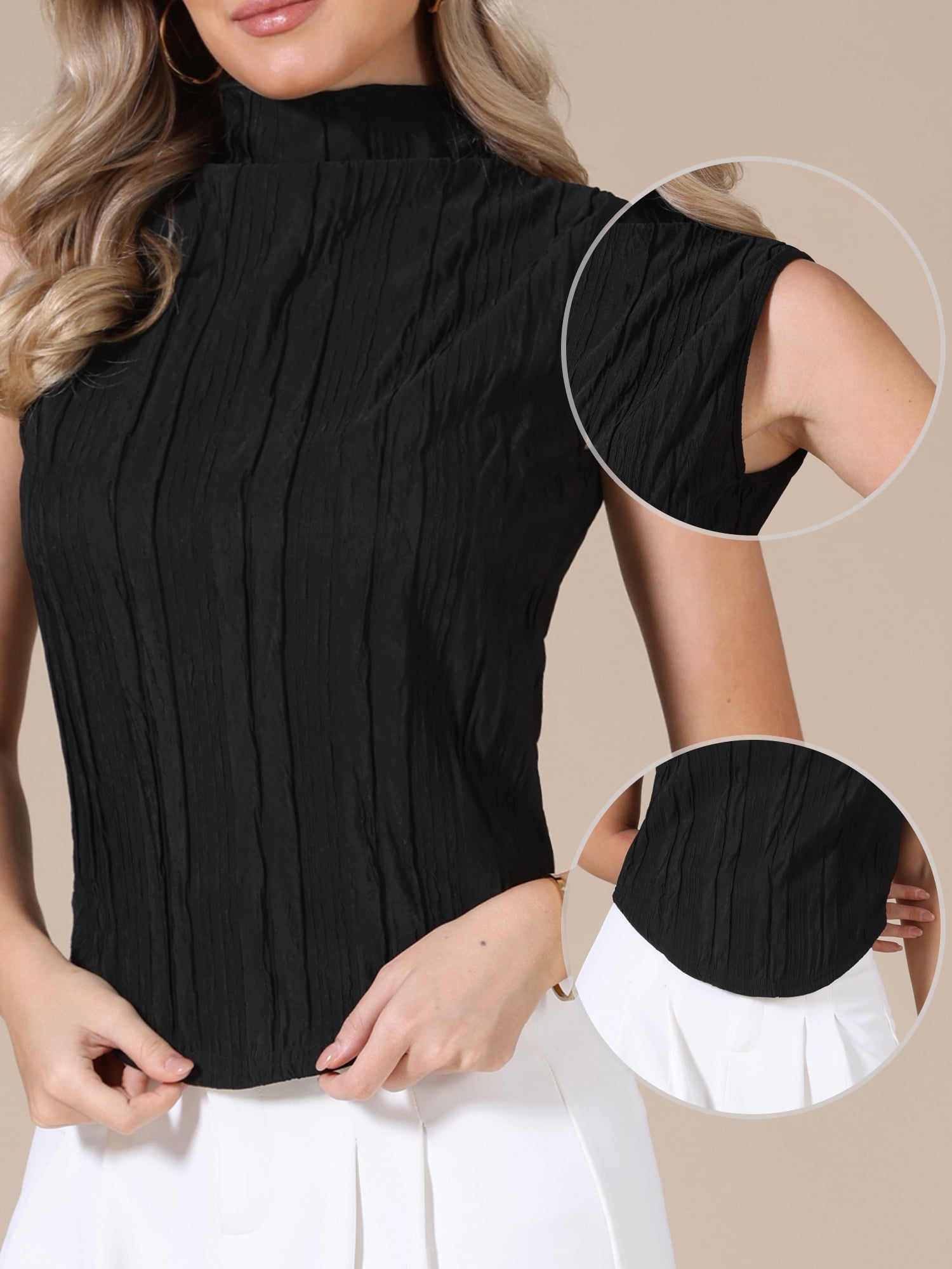DARING DIVA Women's Sleeveless Mock Neck Tank Top Textured Business Blouse S Black
