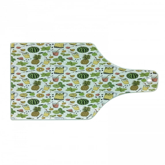 Tropical Cutting Board, Summer Holiday Pattern with Fruits and Cocktails Refreshments Juice and Drinks, Tempered Glass Cutting and Serving Board, Wine Bottle Shape, Multicolor, by Ambesonne