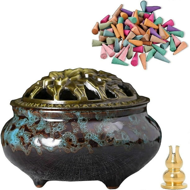 Incense Burner, Ceramic Incense Burner With Lid, Suitable For Incense Cones/incense Coils/incense Sticks, 30 Incense Cones + Metal Incense Holder + Fi