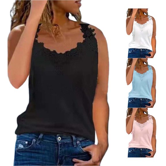 XIAONU Summer Women's Lace-Trimmed Tank Top Sleeveless V-Neck Casual Everyday Basic Cami