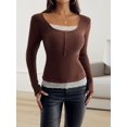thumbnail image 5 of Lace Henley T-Shirts for Women Button Down Slim Fit Tops Long Sleeve V-Neck Tunic Top Blouse Brown XL, 5 of 9