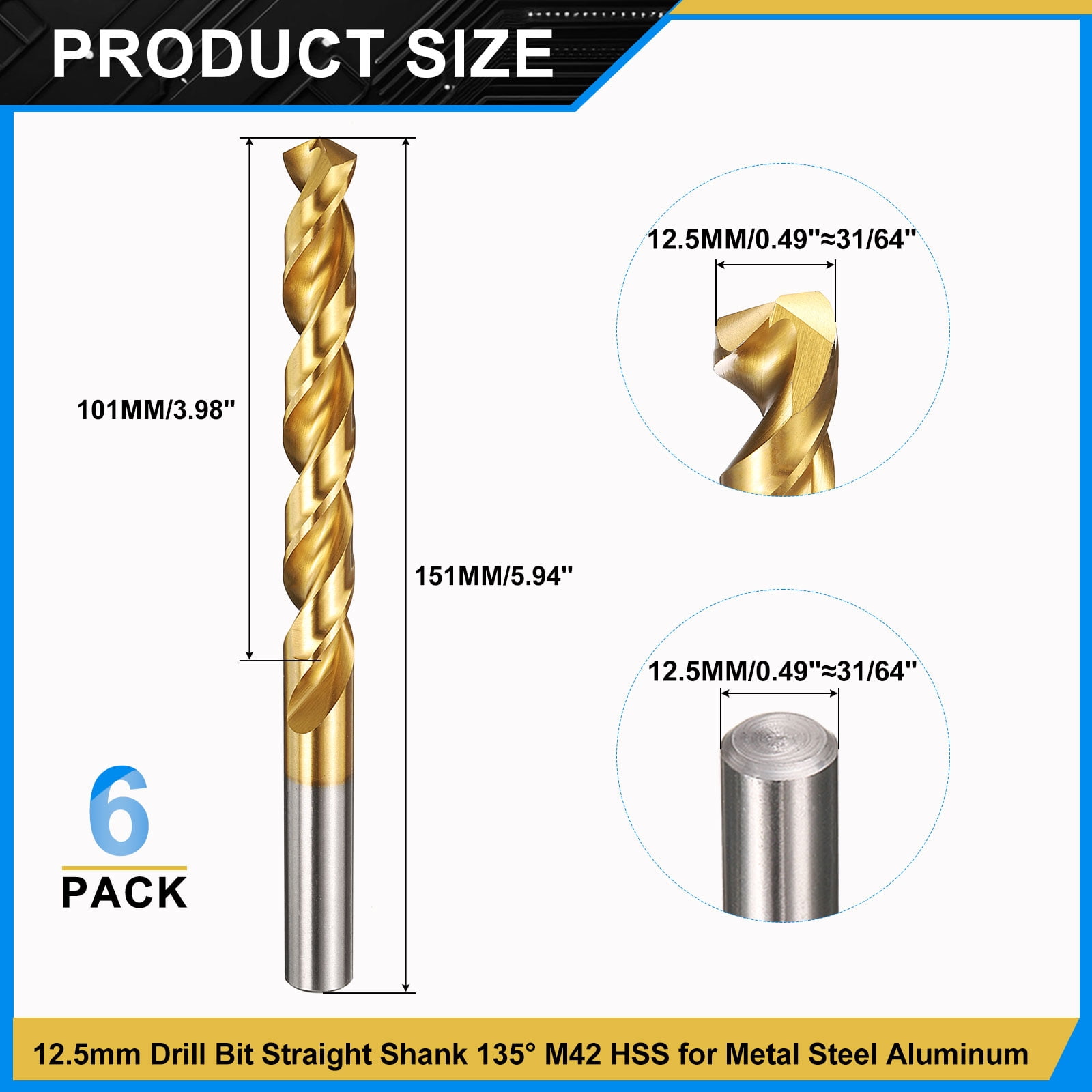 Uxcell 12.5mm Drill Bit, M42 8% Cobalt High-Speed Steel Jobber Straight Shank 135° Titanium Nitride (TiN) Coated for Hard Metal Stainless Steel 6 pack