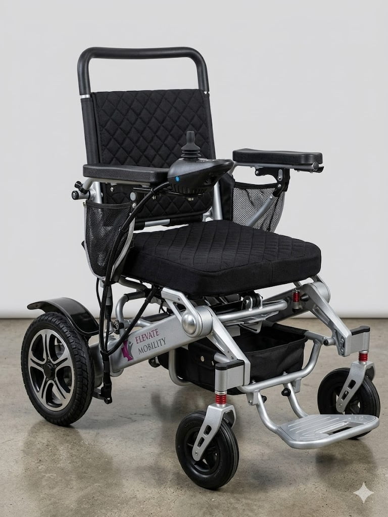EM-100F Electric/Manual, Remote-Control Electric Wheelchair with Control Joystick and Shopping Bag