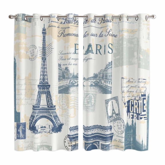Eiffel Tower Kitchen Curtains Window Panels, European Architectural Retro Hand-Painted Insulated Window Treatment Curtain, Grommet Curtains for Bedroom/Living Room/Bathroom, 2 Piece 52"Wx84"L