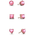 thumbnail image 2 of 18k Rose Gold 1/4Cttw 6mm Created Pink Sapphire 3 Pair Round, Square and Heart Stud Earrings Plated, 2 of 2