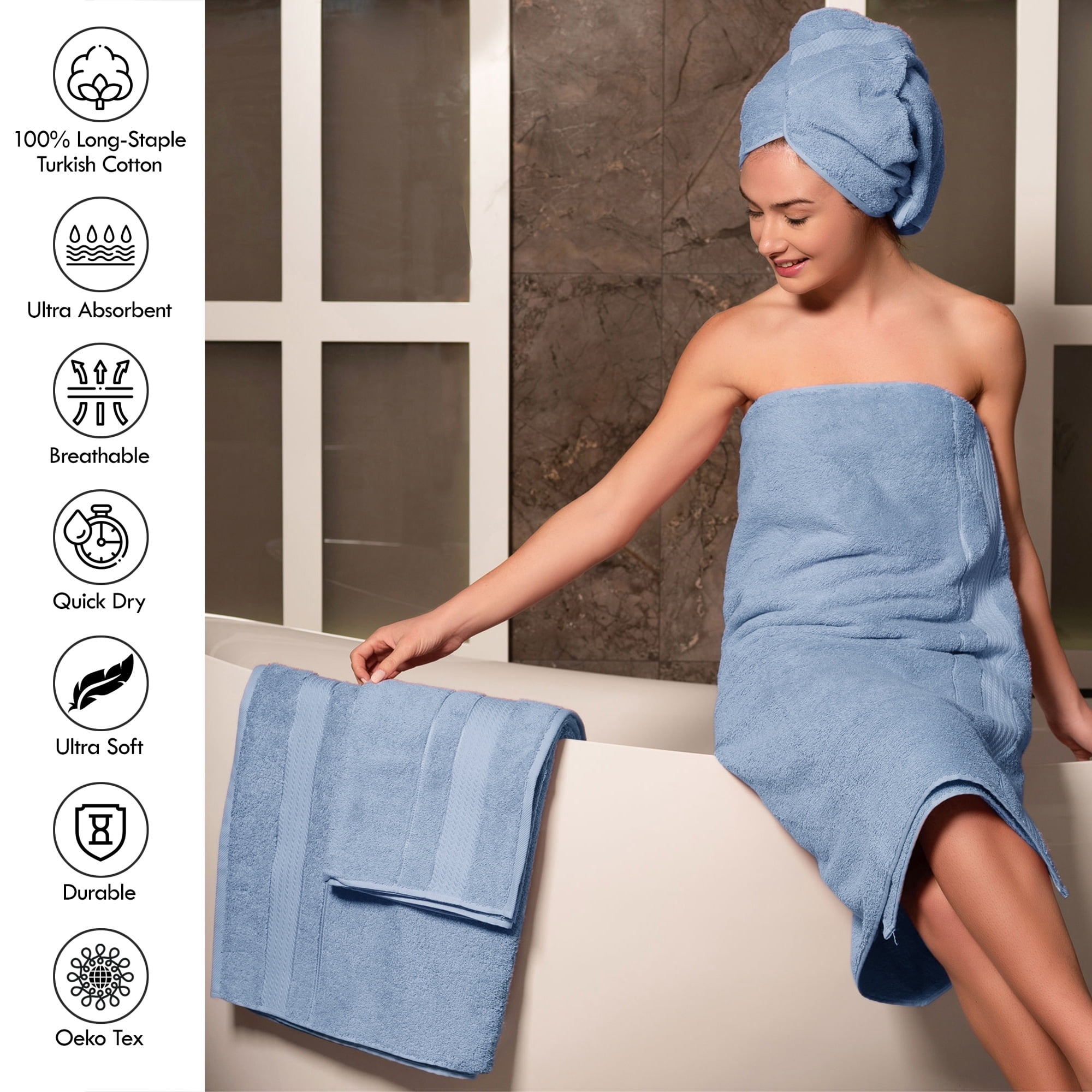Melissa Linen Premium Turkish Cotton Set of 3 Luxury Bath Towel Set, Light Blue